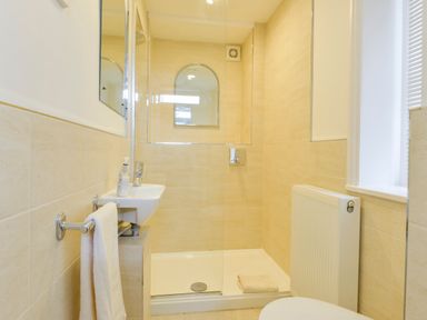 A bathroom with a walk-in shower a small sink with soap and a towel radiator at 4 Coastguards Cottage in Hope Cove