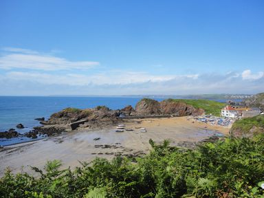 A coastal area with a sandy beach boats rocks and buildings at 4 Coastguards Cottage in Hope Cove