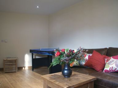 A living room with a wooden table holding a flower vase a brown sofa with colorful cushions and a ping pong table at Mill Barn in Woolston near Salcombe