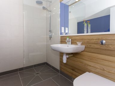 A bathroom with a sink a shower area and a toilet at The Gallery in Aveton Gifford
