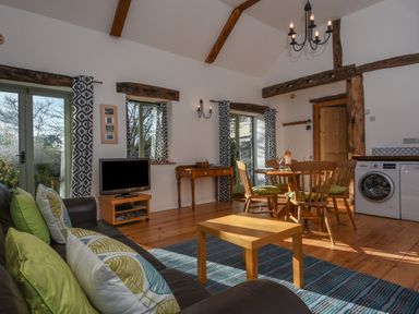 A living room with wooden beams TV dining table and washing machines at Bradbridge Barn in Newton Ferrers
