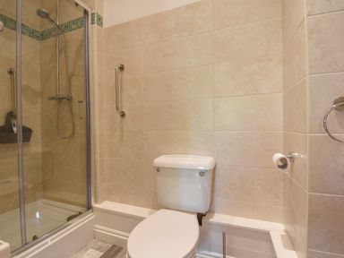 A bathroom with a toilet and a glass enclosed shower at Bradbridge Barn in Newton Ferrers