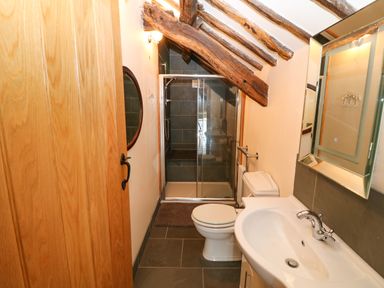 A bathroom with a wooden door a toilet a sink a mirror and a shower at Garth Morthin The Farmhouse in Porthmadog
