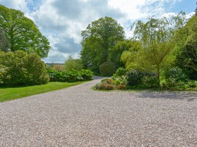 A gravel driveway surrounded by trees and shrubs under a partly cloudy sky at The Barn in Aveton Gifford