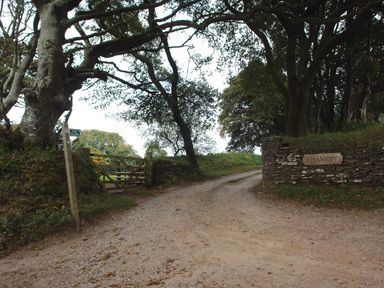 A dirt road fork with trees stone wall and gate with public footpath sign at The Music Room in Aveton Gifford
