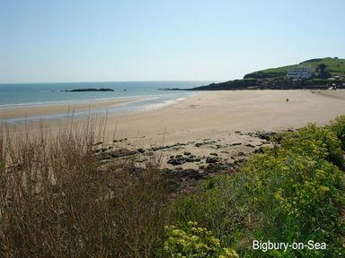 A sandy beach with rocks and vegetation in the foreground and buildings on a hill in the background at 3 Tarifa in Bigbury-on-Sea
