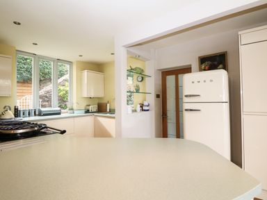 A kitchen with white cabinets a cream SMEG refrigerator glass shelves and a countertop at Dove Cottage in Dittisham