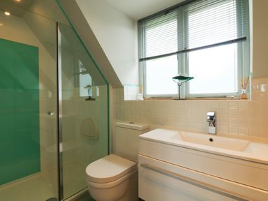 A bathroom with a shower enclosure toilet and sink under a window at Dove Cottage in Dittisham
