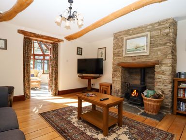 A living room with a fireplace and television at Oak Tree Halwell