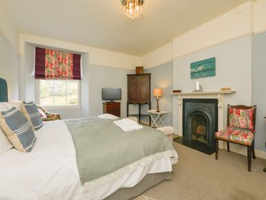 A bedroom with a bed pillows a fireplace a chair a window and furniture at Woodlands in Dartmouth