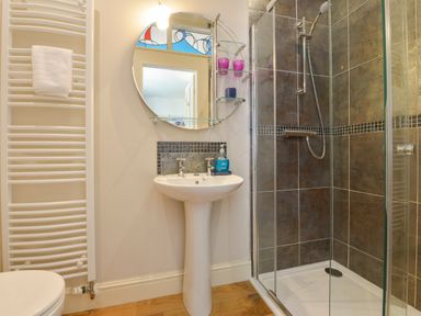 A bathroom with a shower enclosure a pedestal sink a round mirror and a towel radiator at Woodlands in Dartmouth