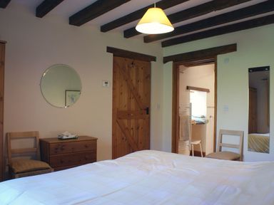 A bedroom with a bed a wooden door a wooden dresser two chairs and a mirror at The Clock House in Ivybridge