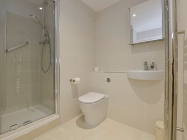 A bathroom with a shower enclosure toilet sink and mirror at 5 Burgh Island Causeway in Bigbury-on-Sea