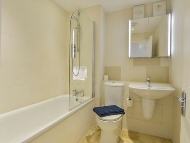 A bathroom with a bathtub shower combination toilet and sink at 13 Burgh Island Causeway in Bigbury-on-Sea