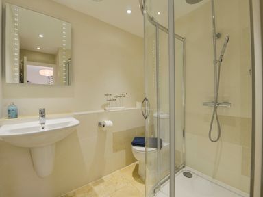 A bathroom with a sink mirror shower and toilet at 13 Burgh Island Causeway in Bigbury-on-Sea