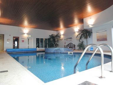 An indoor swimming pool with a hot tub bench plants and paintings on the walls at 13 Burgh Island Causeway in Bigbury-on-Sea