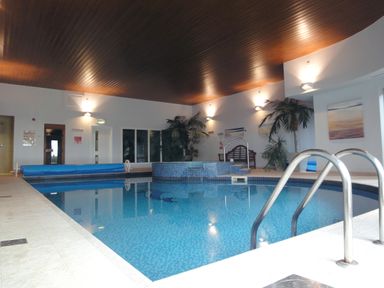 An indoor swimming pool with a hot tub and plants at 23 Burgh Island Causeway in Bigbury-on-Sea