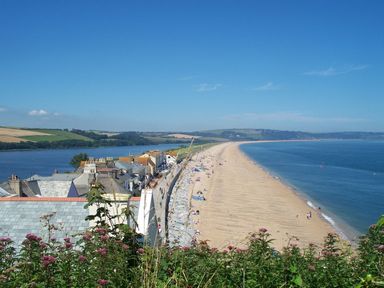 A beach with people on the sand beside houses and a body of water at Orchard View in Kellaton near Hallsands