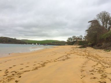 A wide sandy beach with footprints leading to the shoreline with boats on the water and houses and trees on the right at Orchard View in Kellaton near Hallsands