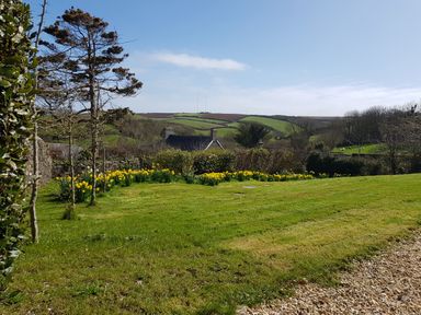 A grassy garden with yellow flowers and trees overlooking houses and rolling hills at Orchard View in Kellaton near Hallsands
