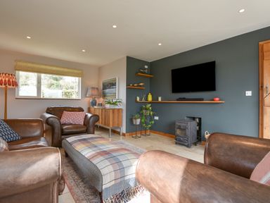 A living room with brown leather armchairs a plaid ottoman a wall-mounted television and a wood stove at Orchard View in Kellaton near Hallsands