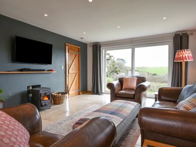 A living room with leather chairs a wood burning stove and large window at Orchard View in Kellaton near Hallsands
