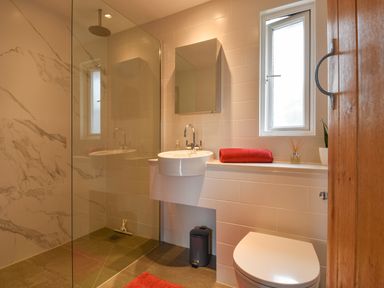 A bathroom with a walk-in shower a sink with mirror a toilet and a window at Orchard View in Kellaton near Hallsands