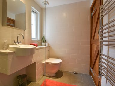 A bathroom with a wall-mounted sink mirror toilet heated towel rail and a wooden door at Orchard View in Kellaton near Hallsands