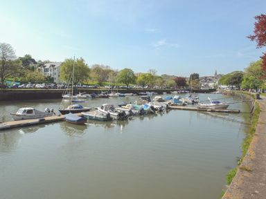 A marina with boats docked along floating piers and a walkway by the water at Mixit Cottage in Kingsbridge