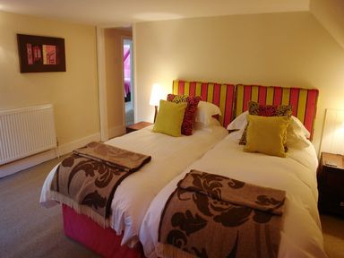A bedroom with two single beds each with green and patterned pillows and brown throw blankets at Maristow Barton in Milton Combe near Lopwell Dam