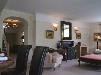 A living room with chairs a fireplace a mirror and a lamp at Maristow Barton in Milton Combe near Lopwell Dam