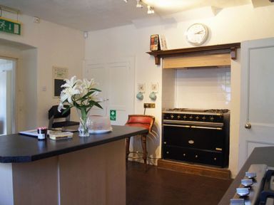 A kitchen with a black stove a countertop with a vase of white flowers and a chair at Maristow Barton Milton Combe near Lopwell Dam