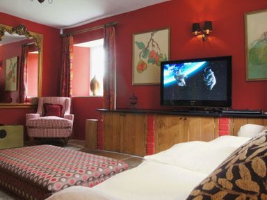 A living room with a television showing astronauts two armchairs a large mirror and framed pictures at Maristow Barton in Milton Combe near Lopwell Dam