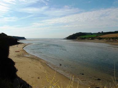 A sandy riverbank with water flowing between two land areas and fields in the distance at 1 Gabberwell Cottages in Kingston