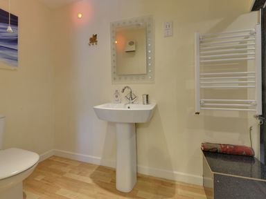 A bathroom with a pedestal sink mirror towel rack and toilet at Yellowland Farm in Holsworthy