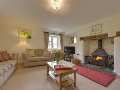 A living room with two sofas a wooden coffee table a fireplace and a television at Yellowland Farm in Holsworthy