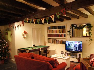 A living room with a pool table a television a bookshelf and a Christmas tree at Parnacott in Holsworthy