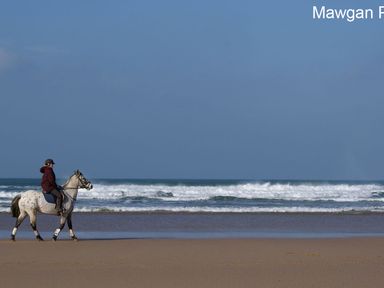 A person riding a horse on a beach with waves in the background at Seagulls Perch in Mawgan Porth