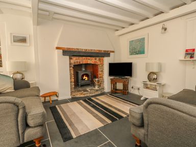 A living room with a fireplace a wood stove two sofas a television and a striped rug at Cousham Cottage in Kingsand And Cawsand