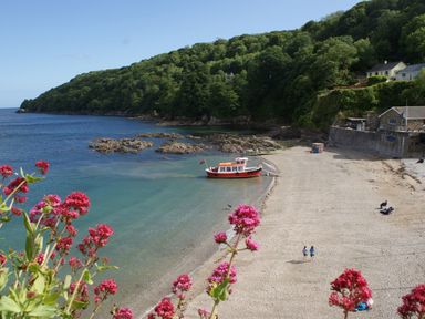 A beach with a small boat near the shore and a hillside with trees and houses at Nirvana in Kingsand And Cawsand
