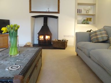 A living room with a fireplace a basket of firewood a blue sofa and a vase of daffodils on a metal trunk table at Nirvana Kingsand And Cawsand