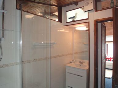 A bathroom with a shower, sink, mirror, towel rack, and a decorative seagull at Seagulls Nest Whitsand Bay near Millbrook