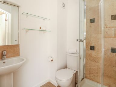 A bathroom with a sink mirror toilet shower with tiled walls and glass shelves at 1 River Cottage Calstock