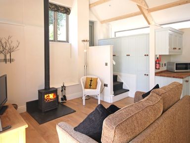 A living room with a wood burning stove a brown sofa a white chair and kitchen cabinets at Mugwell Barn Luckett near Callington