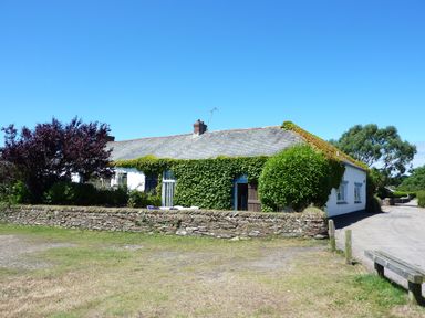 A white cottage with a slate roof and ivy on the walls next to a stone wall and trees at Regatta Cottage in Feock
