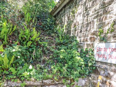 A stone wall with a water pipe and a sign reading Sandy toes Muddy paws surrounded by green plants and foliage at Polcreek Farmhouse in Veryan