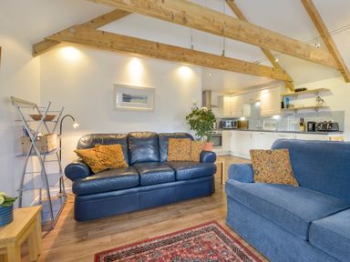 A living room with two blue sofas with patterned cushions a wooden floor and exposed wooden beams at Hideaway Barn in Charlestown