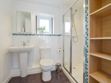 A bathroom with a sink toilet shower and wooden shelves at Hideaway Barn in Charlestown