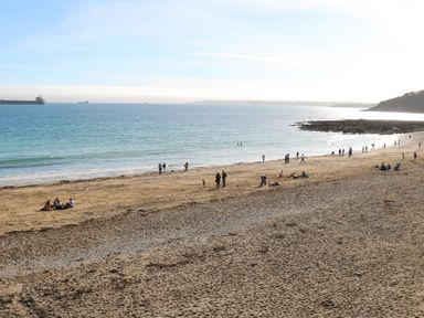 A sandy beach with people walking and sitting by the sea with ships in the distance