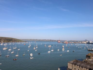 A harbor with numerous boats on the water and buildings along the shore at Primrose Cottage in Penryn